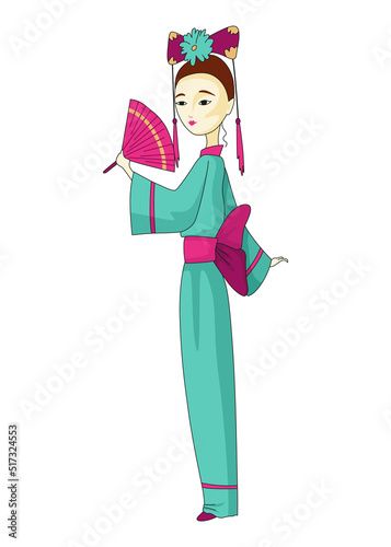 Japanese girl standing in kimono. Women in traditional style costume. Full length portrait of typical Japanese geish
