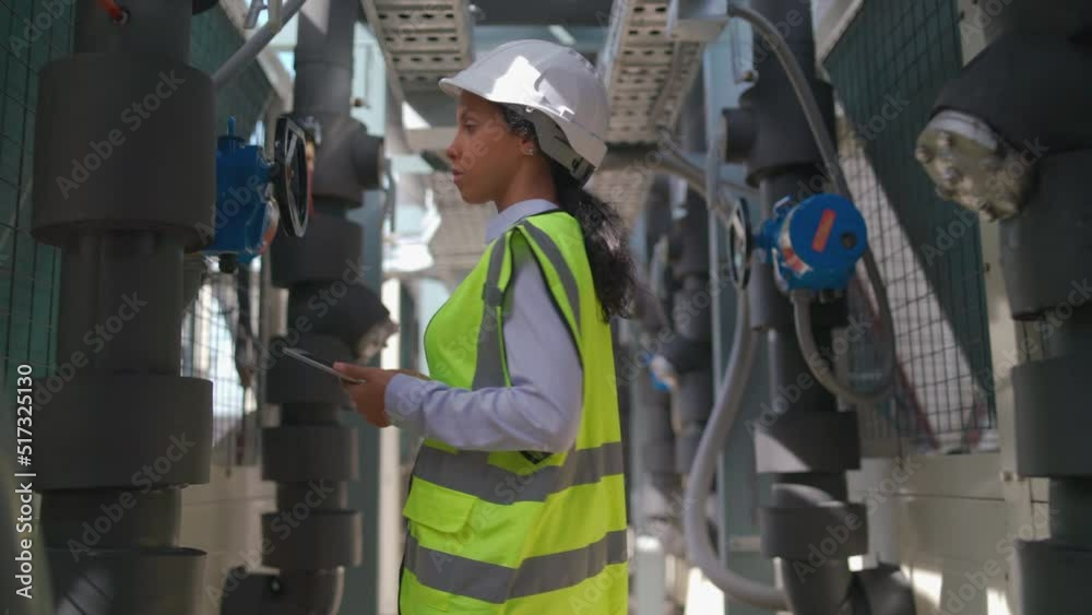 Engineer woman or technician worker walk on the way under pipe network and she also use tablet to check and record the working system.