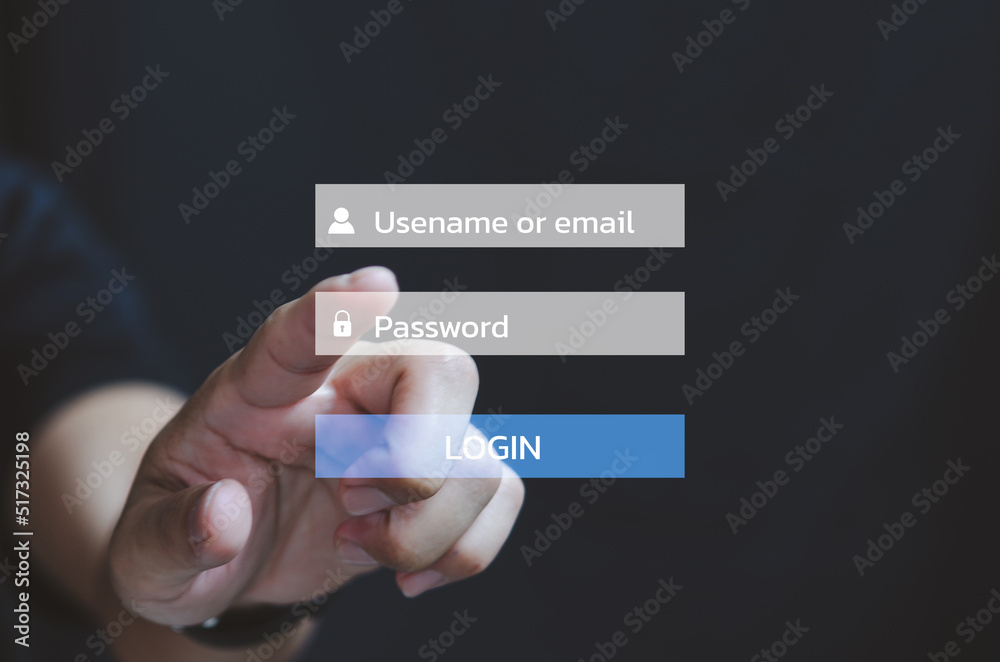 Businessman touching on virtual screen Password Usename or email login account online. Businessman touching on virtual screen Password Usename or email login account online.