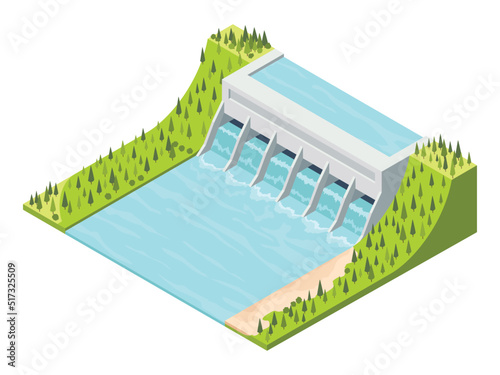 Hydro power isometric. Hydroelectric power plant. Alternative energy concept, factory electric. Water power station dam on the river. Vector illustration