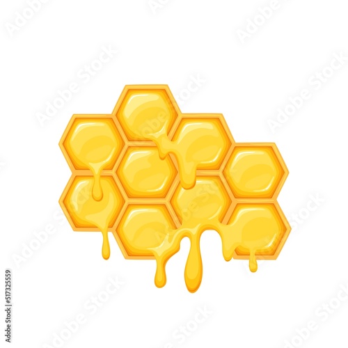 Honeycomb with bee honey, mosaic pattern with hexagon cells, drops flow from frames