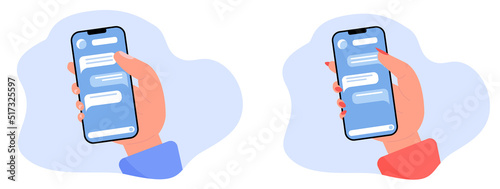 Female man hand holding phone for chatting in social media flat vector illustration. Cartoon hand communicates in internet. Mobile user interface kit. Chat application template with sending messages