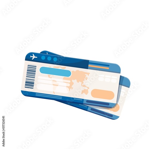 Airplane tickets, blank paper cards to pass airline gates in airport and fly plane