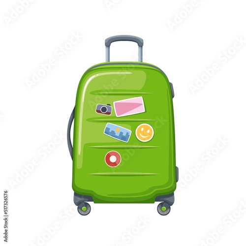 Suitcase for travel, luggage for airplane flight, plastic green valise with trolley, tags