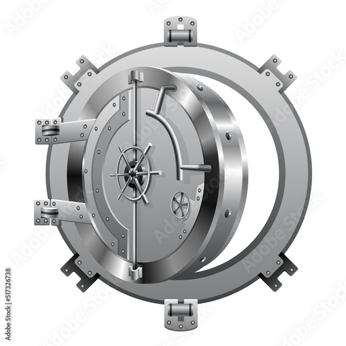 Bank vault door. Metal steel round gate open, isolated mechanism with welds and rivets. Huge metal round safe door. Gate mechanism