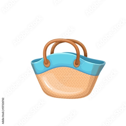 Beach wicker bag, isolated fashion straw handbag for summer travel vacation and holidays