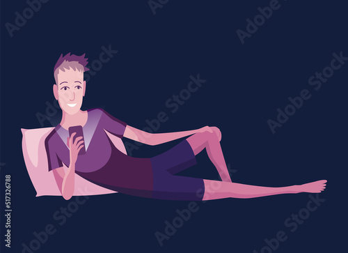 Smartphonesat night. People using gadget. Male person playing online video game or chatting on social networks in the bedtime. Charactes with phone device. Using mobile before sleep