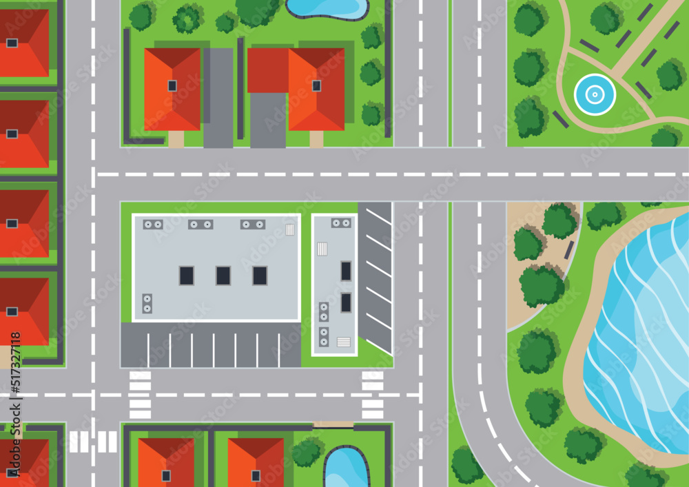 Top view of the Urban city crossroads with streets, roads, houses, park and lake