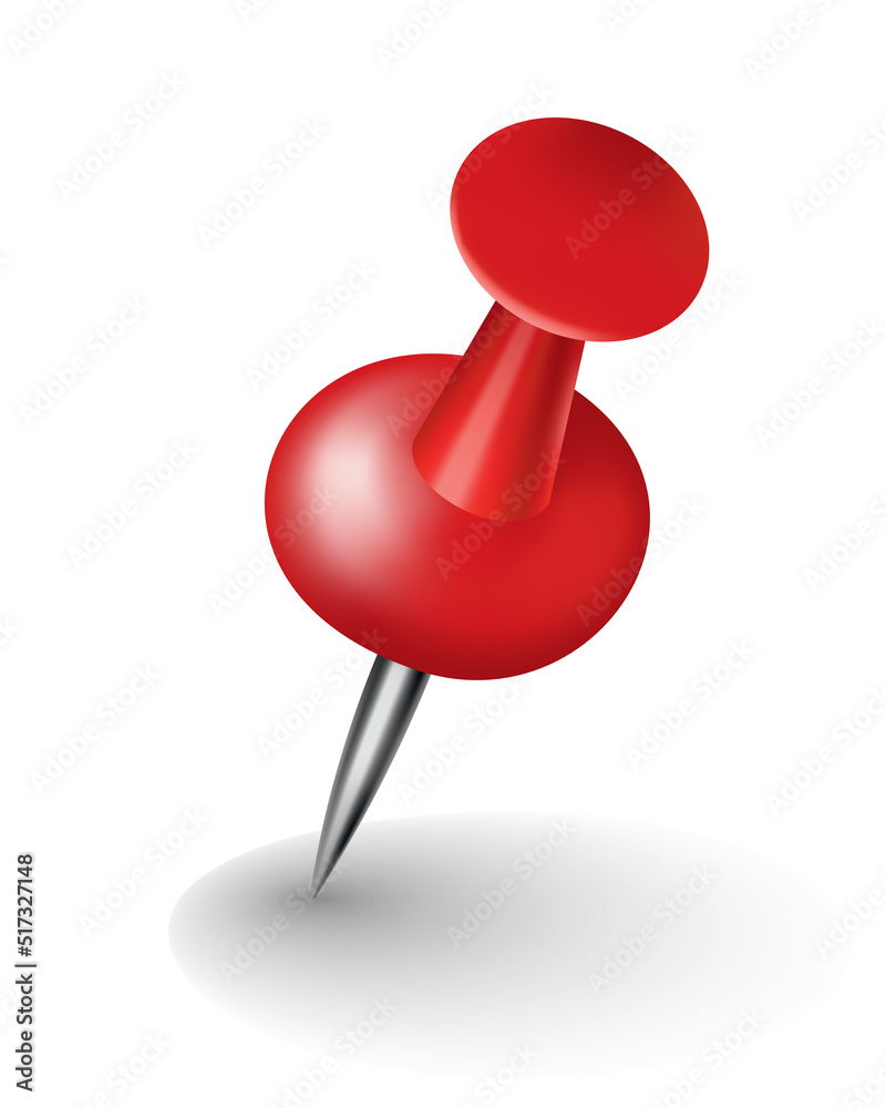 Red pushpin with shadow isolated on white. Fixation for note attach stickers. Stationery item, office paperwork equipment, secretary accessory Red pushpin with shadow isolated on white. Fixation for note attach stickers. Stationery item, office paperwork equipment, secretary accessory