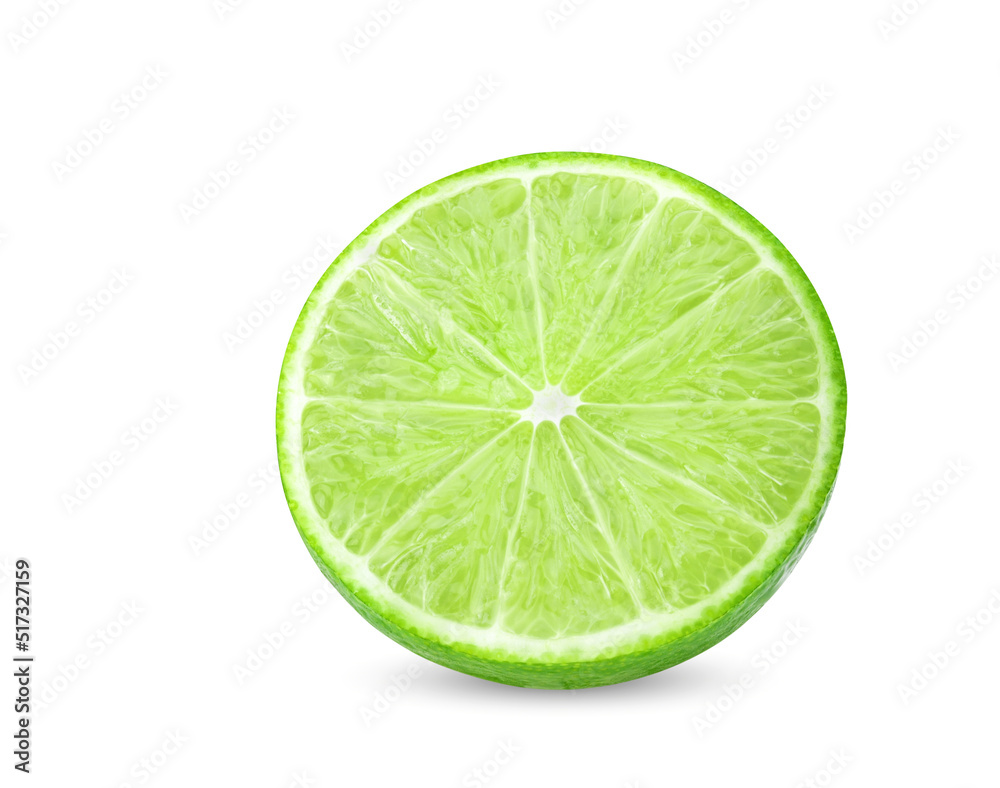 Natural fresh lime with water drops and sliced, green leaf isolated on white background Natural fresh lime with water drops and sliced, green leaf isolated on white background