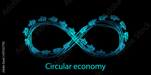 Concept of unlimited technology, circular economy with infinity loop and abstract blue green leaves on dark background. Infinity symbol by wavy lines blue light isolated on black background.