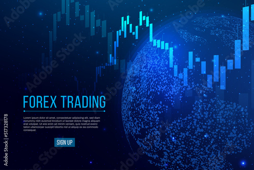 Forex trading banner. Candle stock graph chart with planet Earth. Stock market investment concepts. Global trading on blue background. Vector illustration
