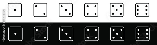Game of dice. Game dice set isolated on white and black backgrounds. Bones in flat and linear design from one to six. Vector illustration. photo