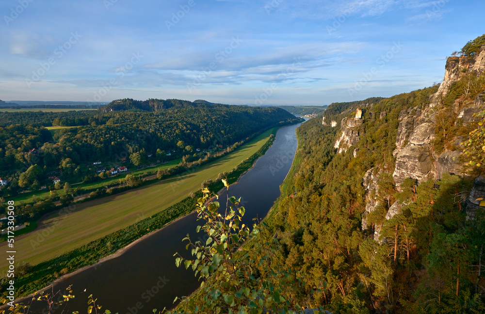 Autumn landscape with Elbe river in Bastei rocks, Germany