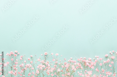 Beautiful flower background of pink gypsophila flowers. Flat lay, top view. Floral pattern.
