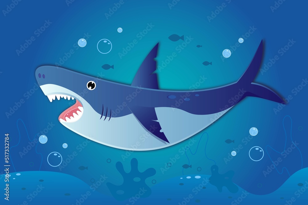 Cartoon shark in blue ocean, vector illustration Cartoon shark in blue ocean, vector illustration