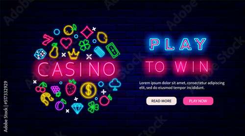 Casino neon promotion template. Play to win banner. Website landing page with round layout. Vector illustration