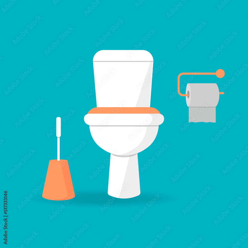 White ceramics toilet, toilet paper and toilet brush. modern toilet set in flat style.