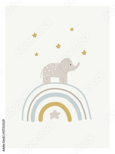 Rainbow, stars and elephant in scandinavian style, child vector illustration