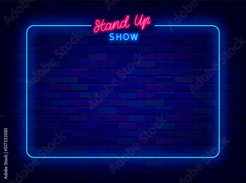 Stand up show neon advertising. Comedy night poster. Blue shiny frame on brick wall. Vector stock illustration