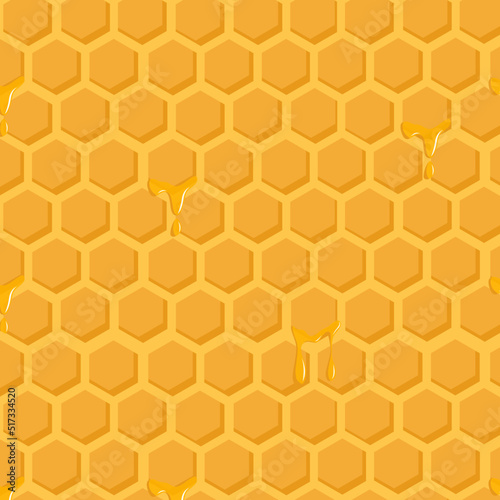 Background honey, honeycomb. Vector illustration. Cute cartoon honey print texture.