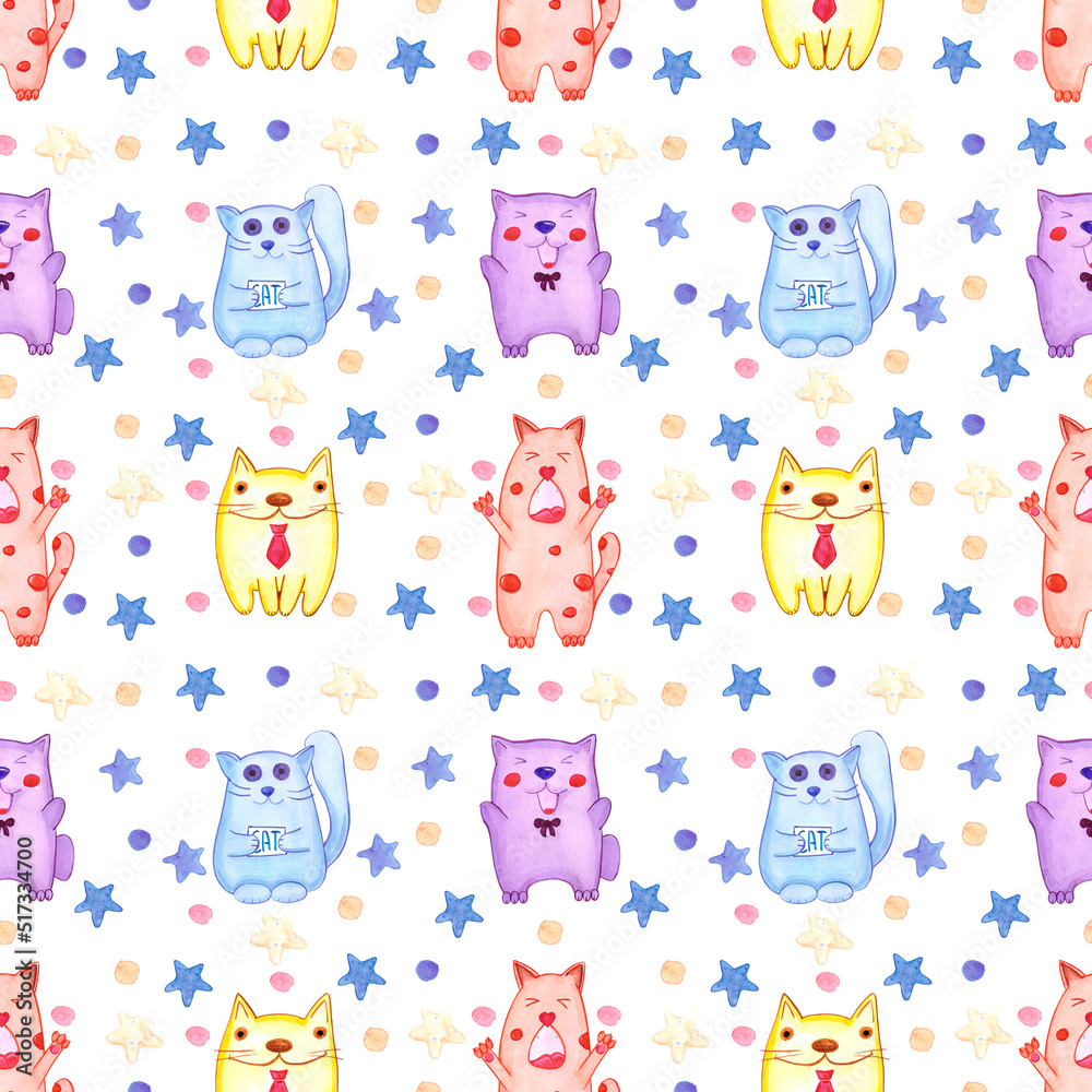 Handdrawn watercolor seamless pattern with cats for children's textile. Scrapbook design, typography poster, label, banner, post card.