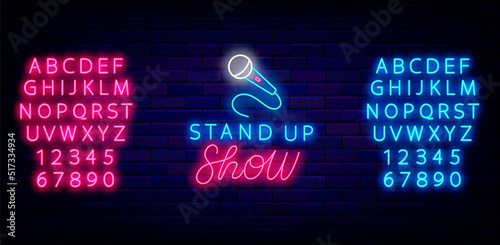 Stand up show neon signboard. Comedy night label. Blue microphone. Comic performance. Vector stock illustration
