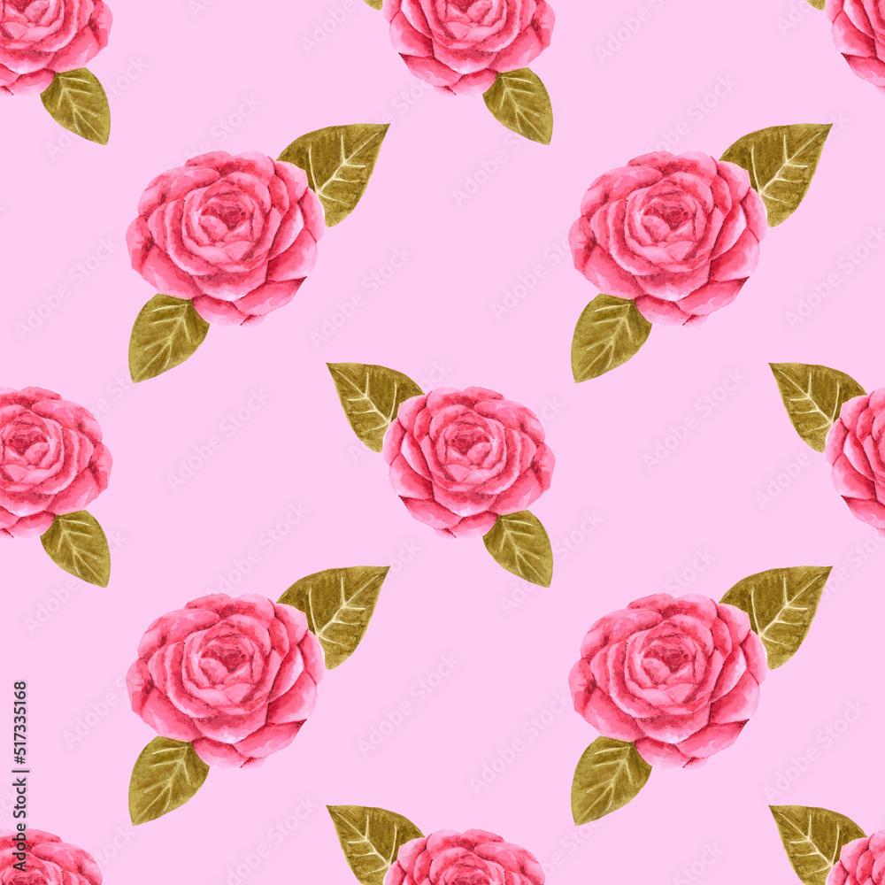 Handdrawn roses seamless pattern. Watercolor red flowers with green leaves on the pink background. Scrapbook design, typography poster, label, banner, textile.