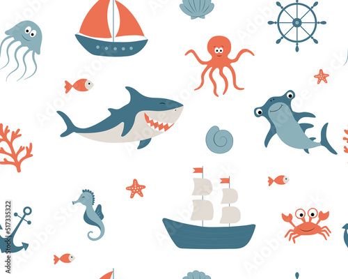 Vector seamless pattern. Baby room design. Kids texture for fabric, textile. Cartoon underwater animals. Shark, octopus, fishes. Flat illustration isolated on white background