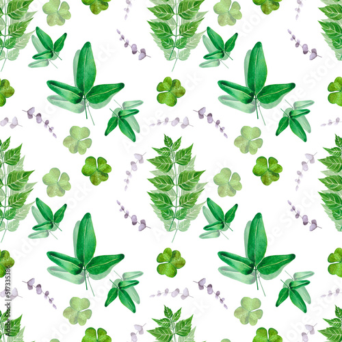 Handdrawn Watercolor green leaves seamless pattern on the white background. Scrapbook design, typography poster, label, banner, post card, textile.