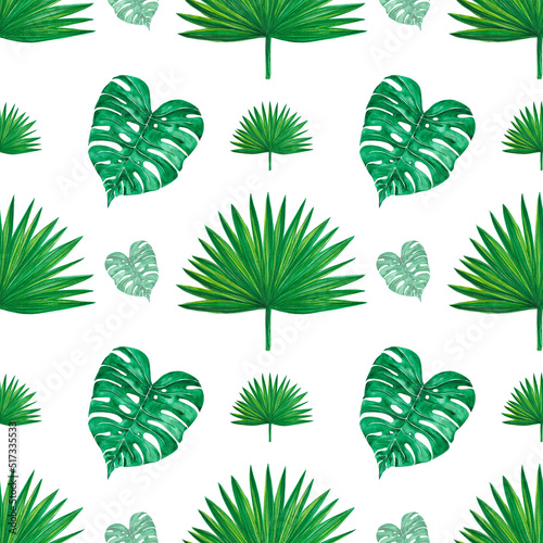 Handdrawn Watercolor green tropical leaves seamless pattern on the white background. Scrapbook design  typography poster  label  banner  post card  textile.