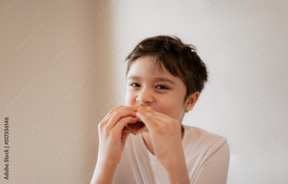 Healthy kid eating homemade bacon sandwiches with mixed vegetables, Happy young boy having breakfast at home before go to School Healthy kid eating homemade bacon sandwiches with mixed vegetables, Happy young boy having breakfast at home before go to School