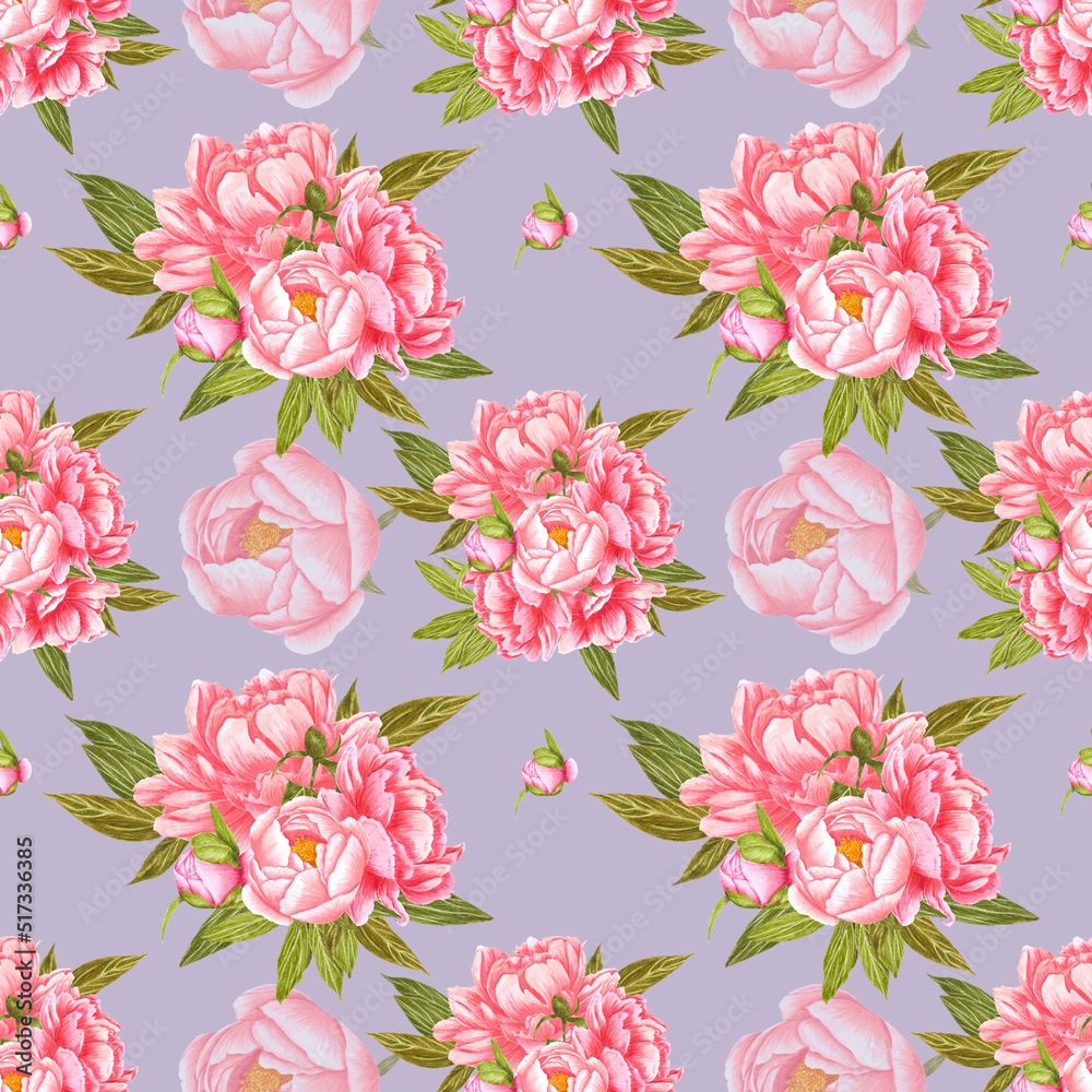 Handdrawn peony flowers seamless pattern. Watercolor red and cream peony with green leaves on the grey background. Scrapbook design, typography poster, label, banner, textile.