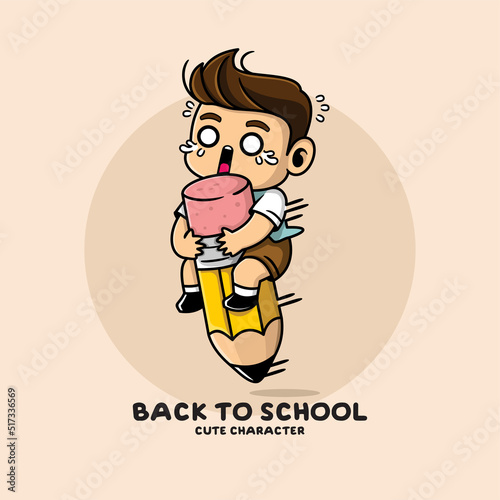 vector illustration of a little boy riding a giant pencil