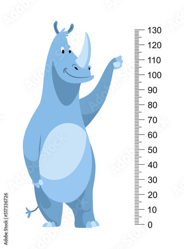 Height measure with growth ruler chart with cute cartoon rhinoceros animal. Funny kids meter, wall scale from 0 to 130 centimeter to measure growth. Children room wall sticker as interior decor