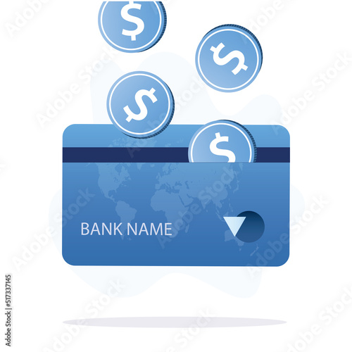 Money falls into credit card. Refund to plastic card, cashback service. Payment of interest on deposit, profit on bank deposit. Reward for using debit bank card.