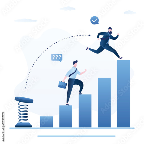 Advantage, business concept. Confident manager who overcomes businessman by taking advantage. Male employee at step of career ladder. Business competition between colleagues.