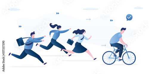 Business competition. Advantage, concept. Businessman riding bicycle wins using mechanical advantage. Teamwork, human racing. Winner and losers businesspeople. Gender inequality.