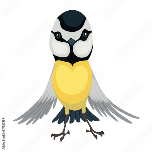Tit bird in standing position. Titmouse in cartoon flat style beautiful character. Vector illustration isolated on white background