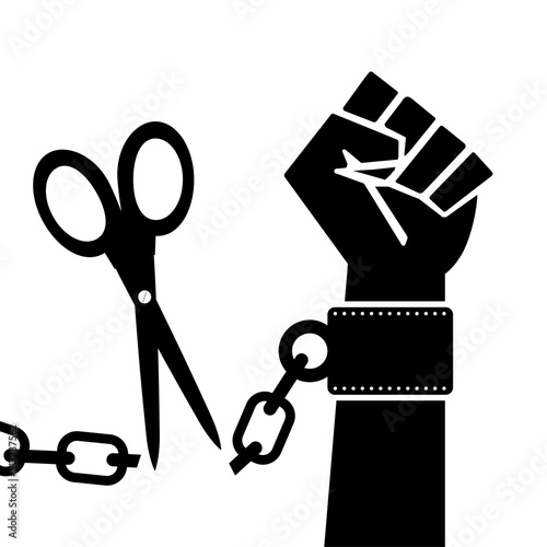 Large scissors cut chain. Freedom for political prisoners. Silhouette of hands and shackles with chain. Problems of restriction of freedoms and democratic institutions. Fight for human rights.