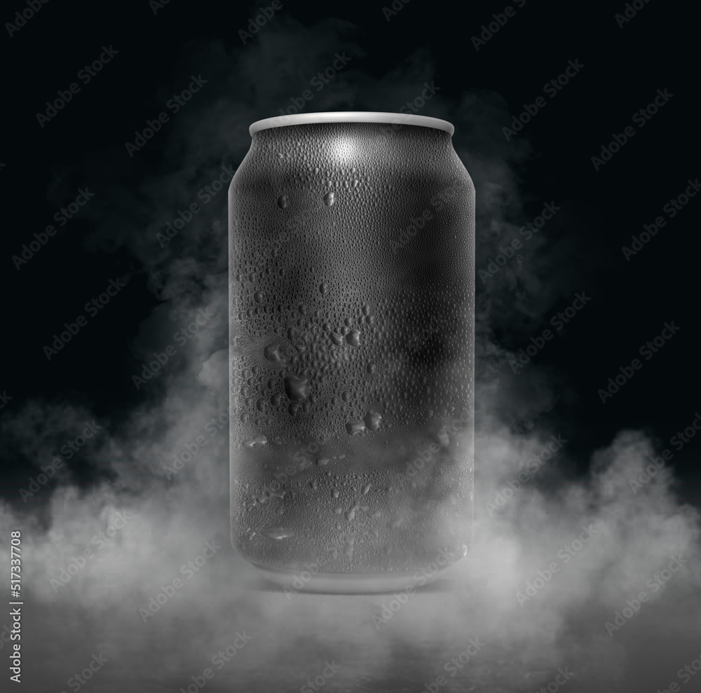 An unbranded freezing cold aluminum tin can with cold vapor an isolated dark studio background. 3D render