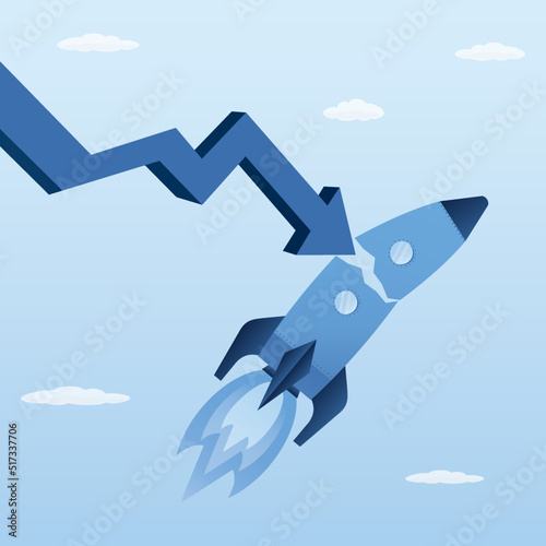 Falling graph shatters rocket taking off. Failed startup collapses due to financial and economic crisis. Failed launch, bad management, bankruptcy.