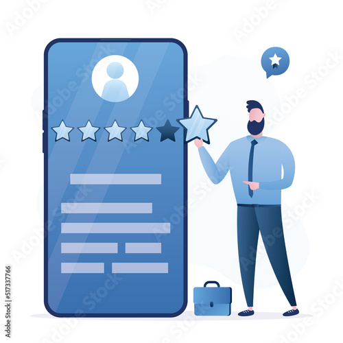 Customer experience, consumer review by giving rating 5 stars. Businessman standing with star near mobile phone. App rank, quality control.