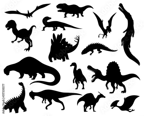Fototapeta Naklejka Na Ścianę i Meble -  Dinosaur silhouettes set. Dino monsters icons. Shape of real animals. Sketch of prehistoric reptiles. Vector illustration isolated on white. Hand drawn sketches