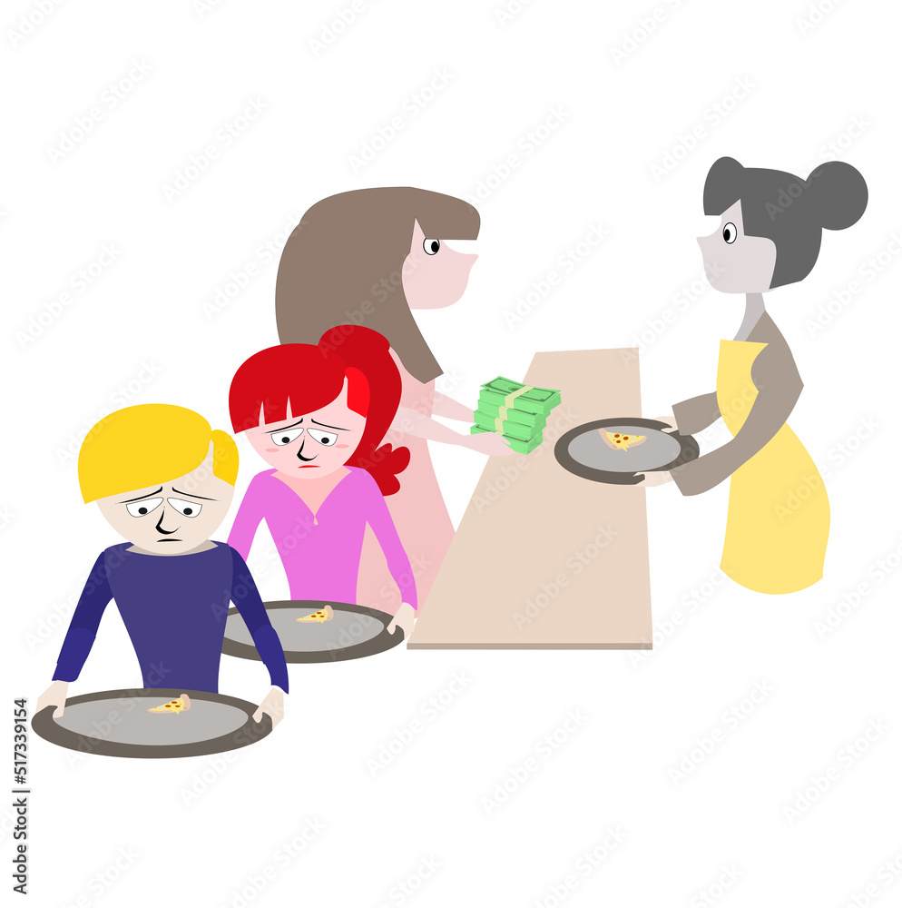 People are buying food with a lot of money.Economic problems and inflation lead to food shortages.illustration man and woman cartoon character on isolated white background. People are buying food with a lot of money.Economic problems and inflation lead to food shortages.illustration man and woman cartoon character on isolated white background.
