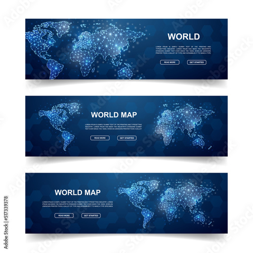 Set of three World Map horizontal banners. Horizontal illustration for homepage design, banner. Earth planet low poly symbols with connected dots