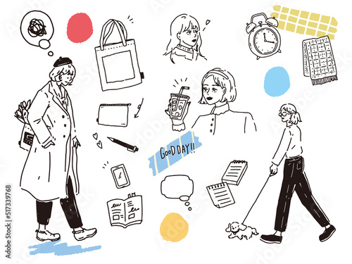 白黒、モノトーン、線画のイラスト(手書き、オシャレ、雑誌、ファッション、可愛い、人物) Black and white, monotone, and line drawing illustrations.Handwritten, stylish, magazine, fashion, cute, person.