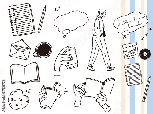 白黒、モノトーン、線画のイラスト(手書き、オシャレ、雑誌、ファッション、可愛い、読書、コーヒー) Black and white, monotone, and line drawing illustrations.Handwritten, stylish, magazine, fashion, cute, reading, coffee.