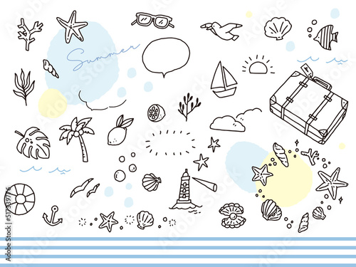 hand drawn set. Black and white, monotone, and line drawing illustrations.Handwritten, stylish, magazine, fashion, cute, summer, beach, vacation.