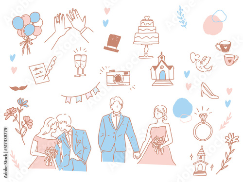 白黒、モノトーン、線画のイラスト(結婚、結婚式、カップル、夫婦、招待状、ウェルカムボード、指輪、新生活、幸せ) Illustrations of black and white, monotone, and line drawings.Weddings, couples, invitations, rings, happiness.